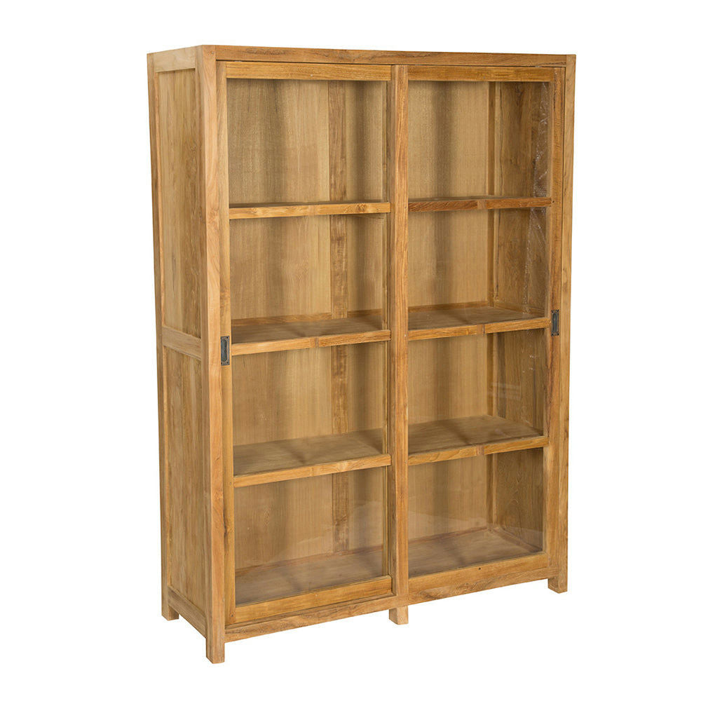 La Vitrina en Madera de Teca y Cristal Consul presenta un diseño minimalista con cuatro estantes y elegantes puertas corredizas de vidrio, ideales para exhibir tus tesoros.