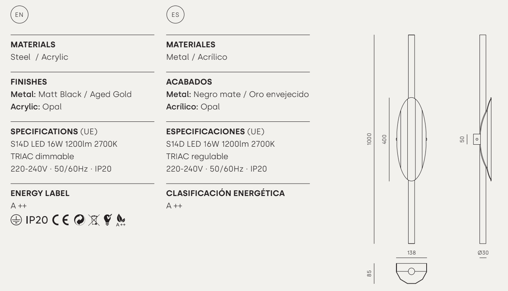 Ficha técnica del aplique de pared Pared LED Xago. Incluye iluminación LED, materiales, acabados, especificaciones, etiqueta energética y dimensiones del producto con diagramas, todo ello en inglés y español.