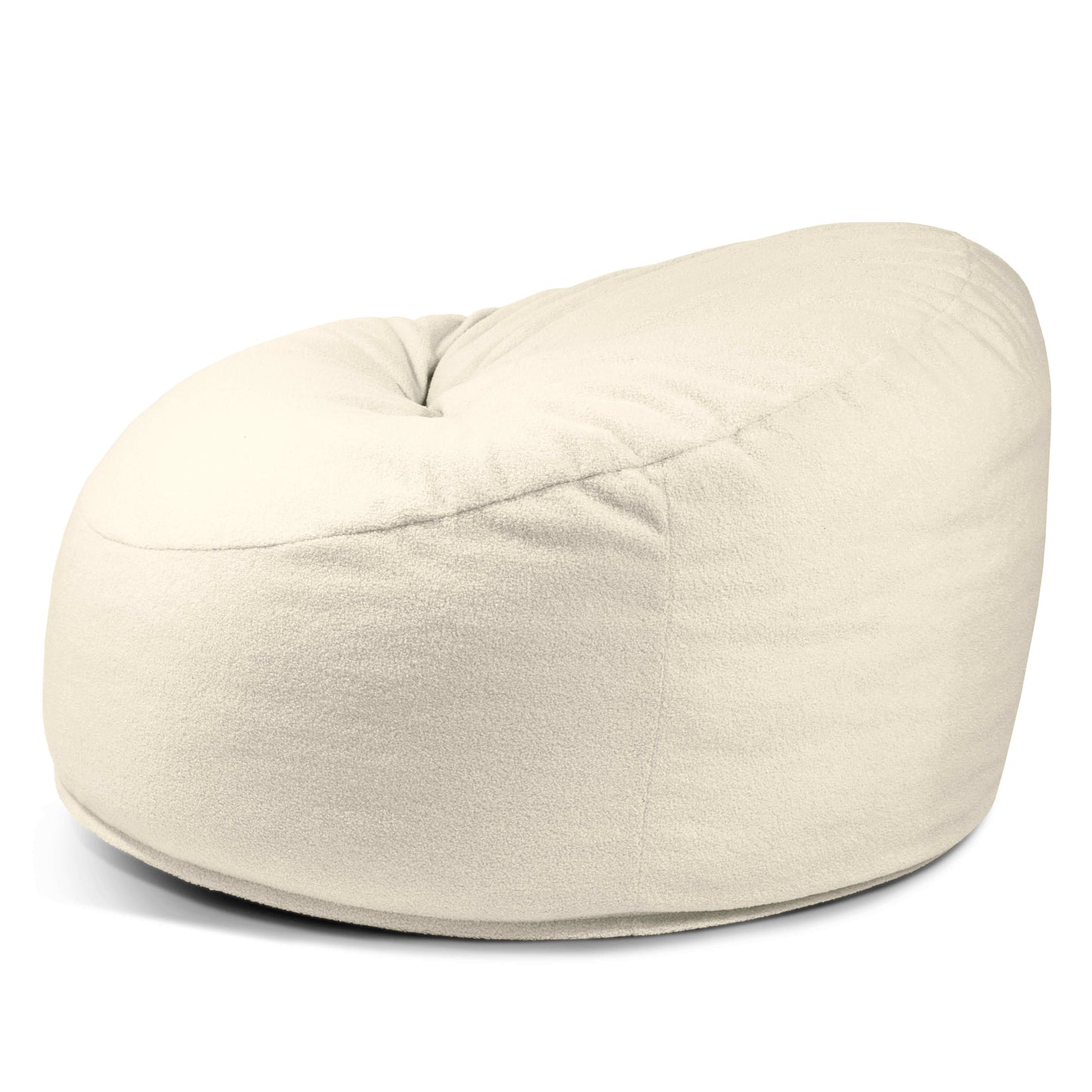El Foam Bean Bag OM 110 Barcelona es un gran puf de color beige claro con una suave funda de tejido Teddy y un centro ligeramente dentado, que se muestra sobre un fondo blanco.