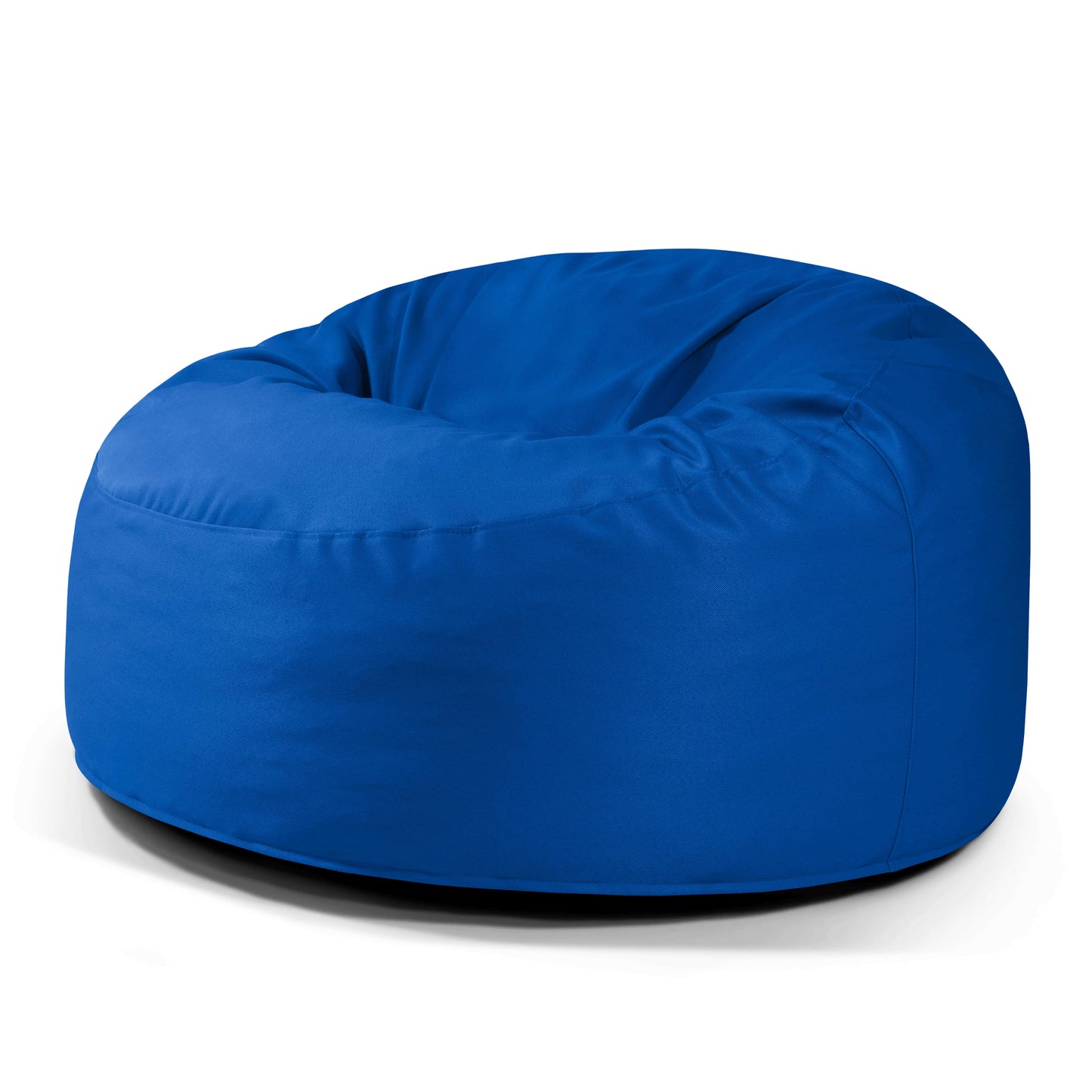 El Foam Bean Bag OM 110 Barcelona es un sillón grande y redondo de color azul relleno de copos de espuma de alta densidad y recubierto de tela lisa, que se muestra sobre un fondo blanco.