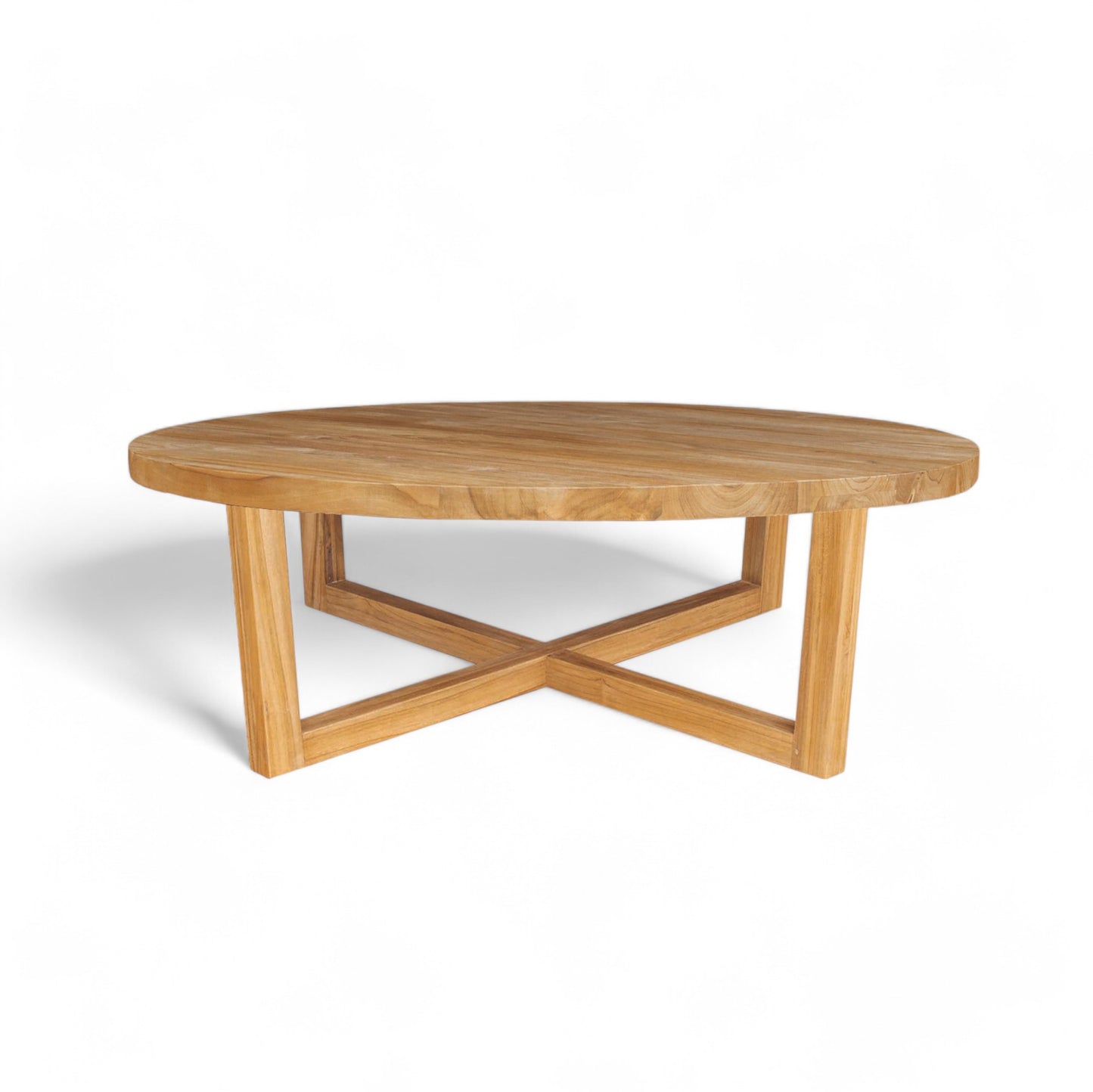 La Mesa de centro redonda de exterior de teca 80 × 38 cm - natural - NATURE presenta una gruesa tapa de madera y una base geométrica entrecruzada, que añade estilo a cualquier espacio exterior. Se presenta sobre un fondo blanco liso.