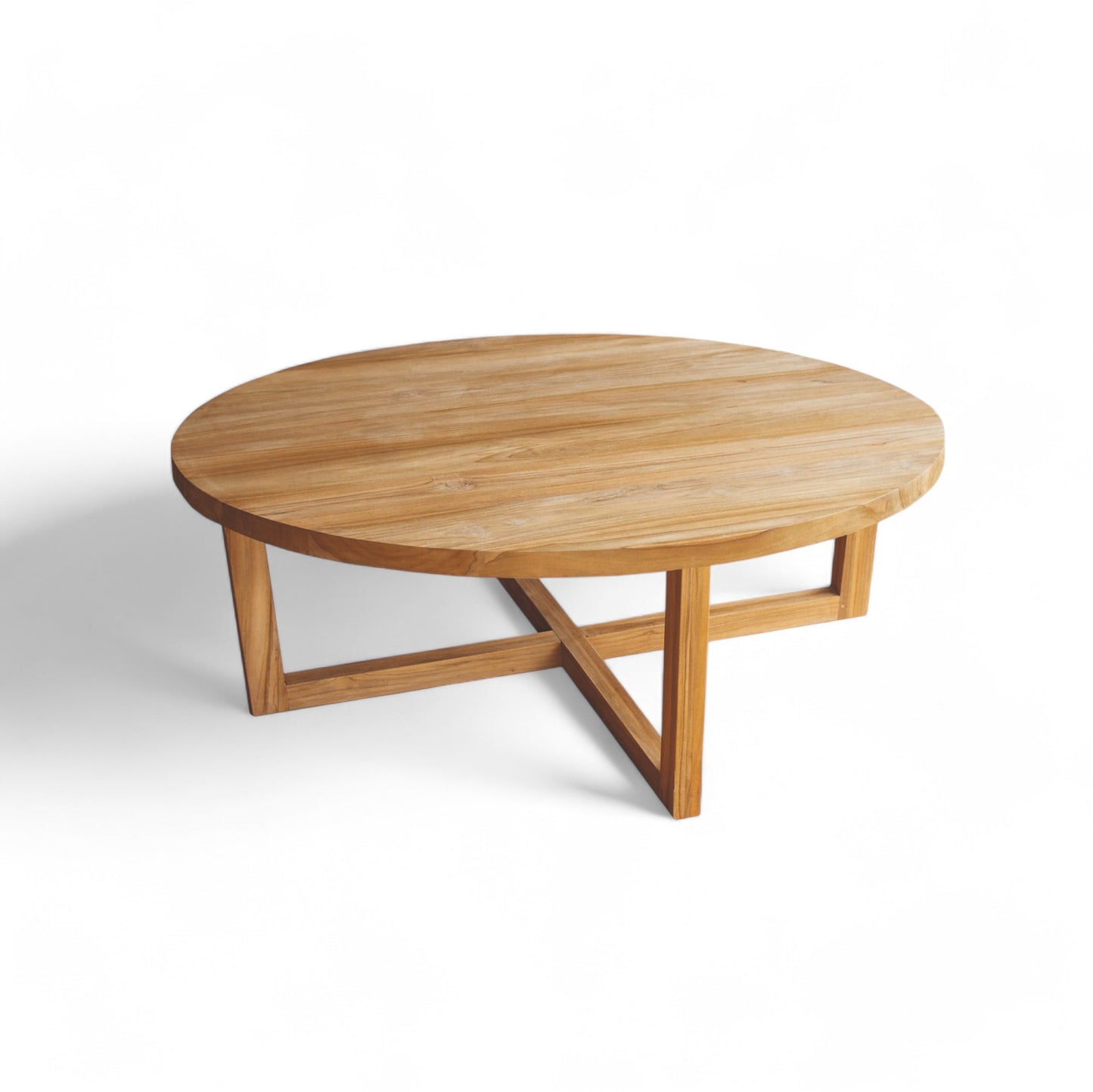 La Mesa de centro redonda de exterior de teca 80 × 38 cm - natural - NATURE, con acabado natural y patas cruzadas, es perfecta para tu mobiliario de jardín o como mesa de centro exterior, mostrada sobre fondo blanco.
