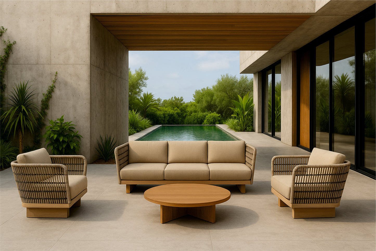 Moderno patio exterior con un conjunto de sofá beige y una mesa de centro redonda de teca natural Ø100×25 cm (NIZA, estilo contemporáneo), con vistas a una piscina rectangular y rodeado de exuberante vegetación.