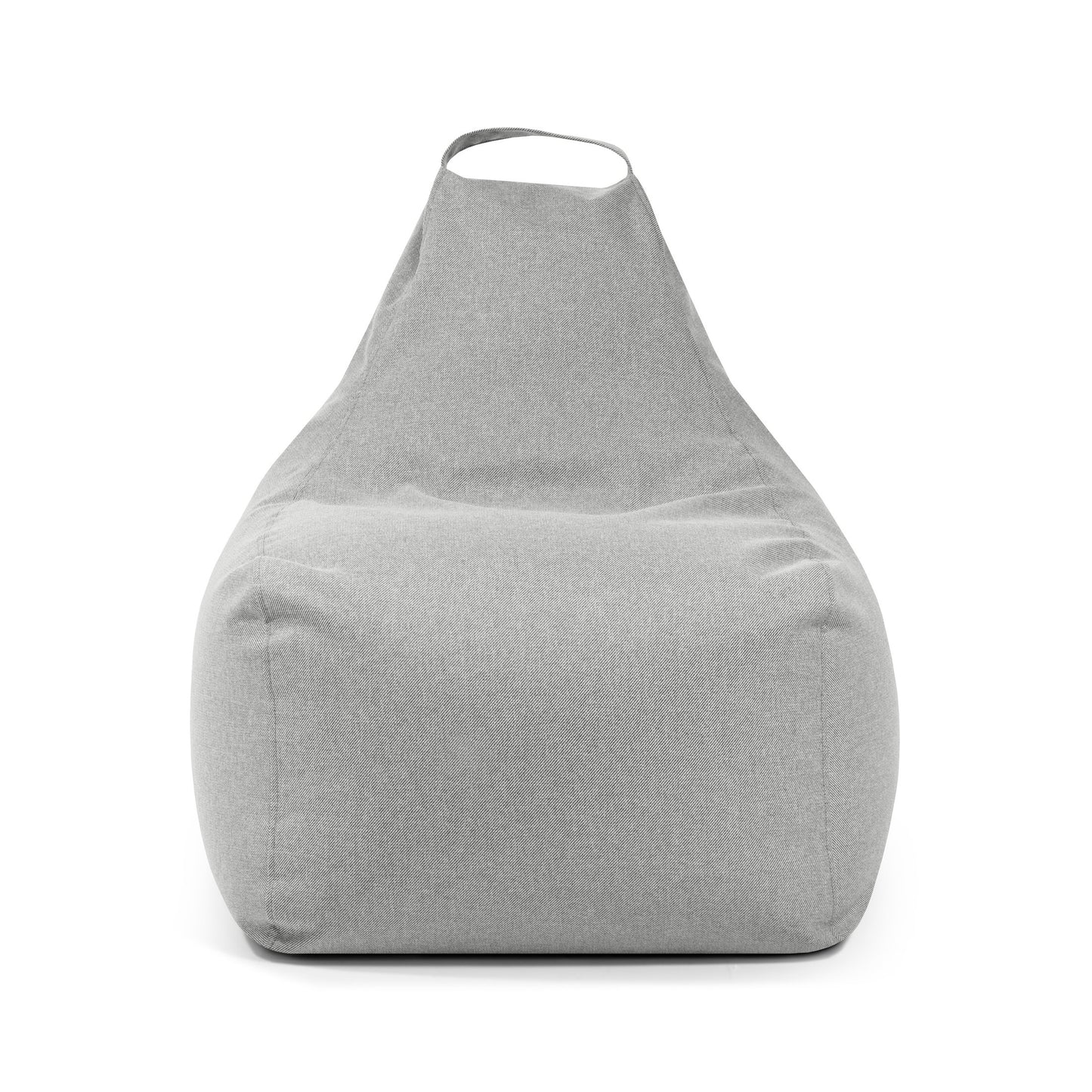 La Bean bag Play Riviera - uso exteriores es una silla de tela gris con respaldo alto, asa superior incorporada y funda lavable para facilitar la limpieza, mostrada de frente.