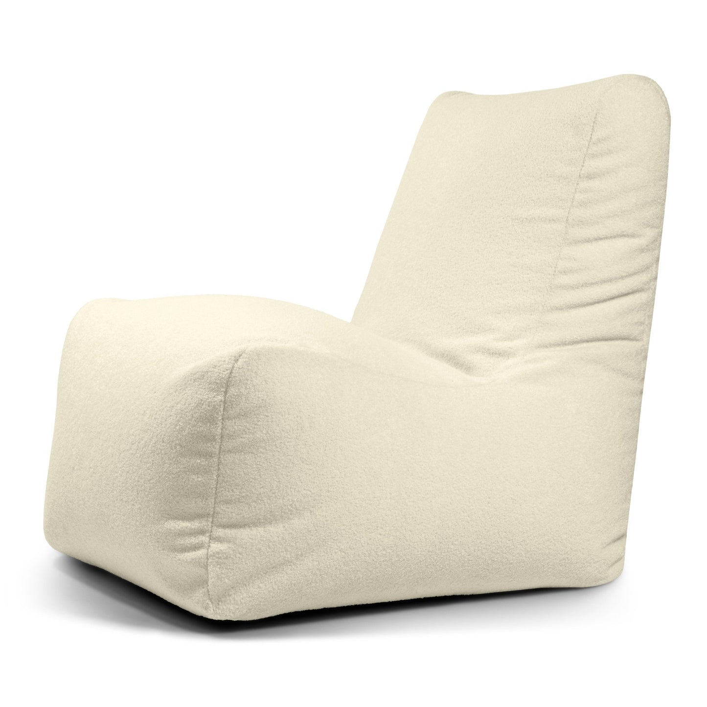 El Bean bag Seat Teddy es un moderno sillón sin brazos con una suave funda de color blanco roto y un diseño curvado minimalista, que proporciona comodidad ergonómica para una relajación con estilo.