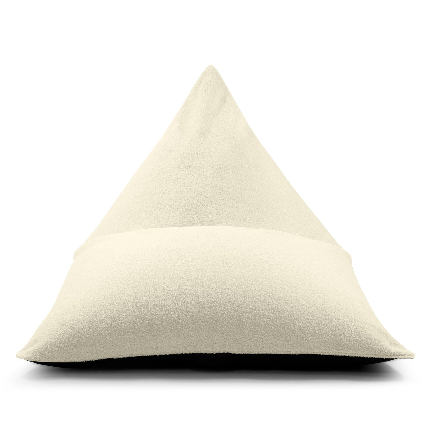 El Bean bag puff juvenil de tela borreguito RAZZ TEDDY (110×130×90 cm) es un moderno diseño triangular de color crema para dormitorios, que se muestra sobre fondo blanco.