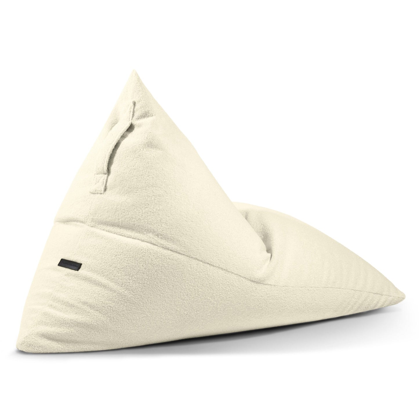 A Bean bag puff juvenil de tela borreguito 110×130×90 cm RAZZ TEDDY, moderno y sin armazón, en color crema y diseño triangular, con textura suave, se muestra sobre fondo blanco.