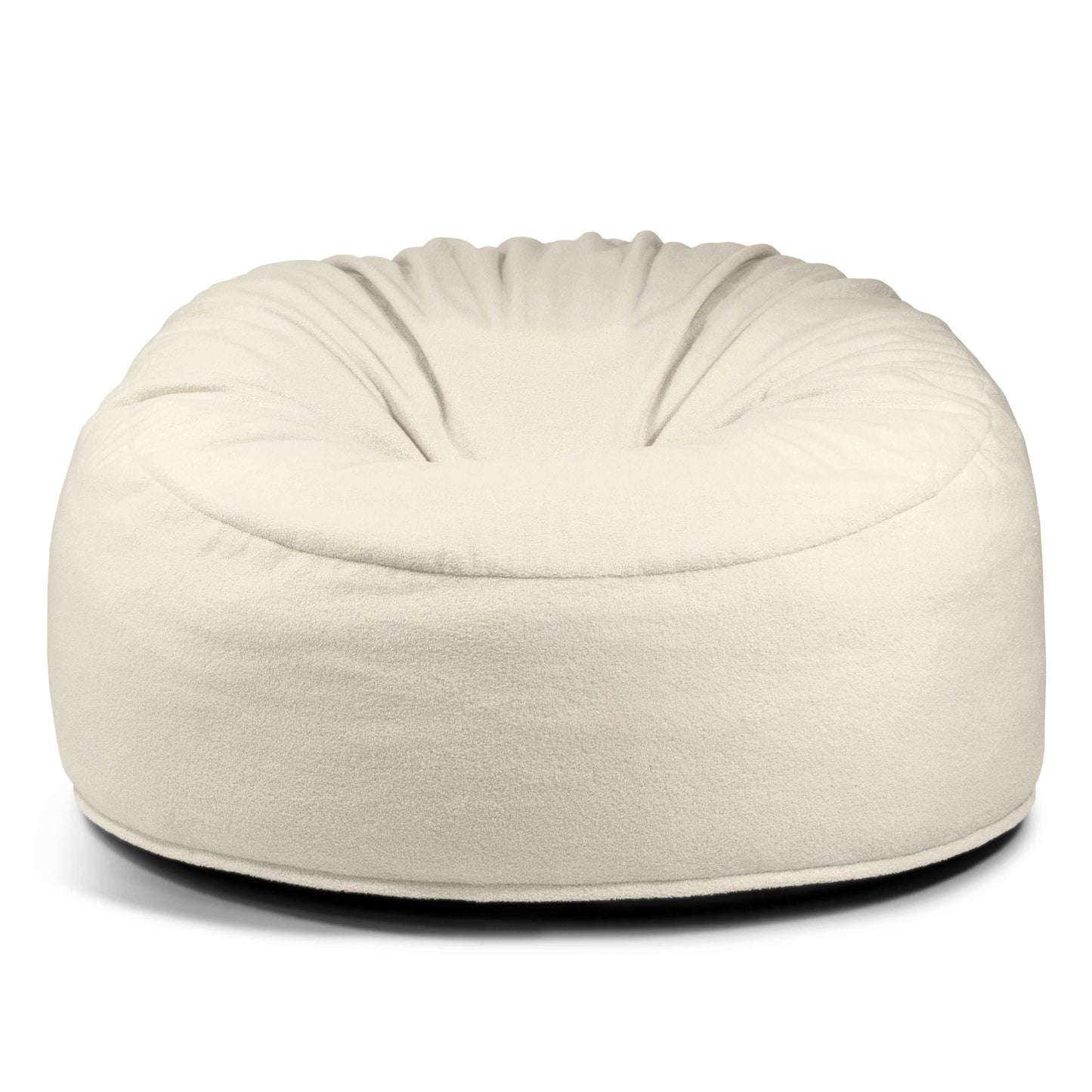 El Foam Bean Bag Om 135 Teddy - uso exterior presenta un diseño grande y redondo con una superficie suave y afelpada sobre un fondo blanco, que ofrece un confort elegante y ergonómico para su uso en exteriores.