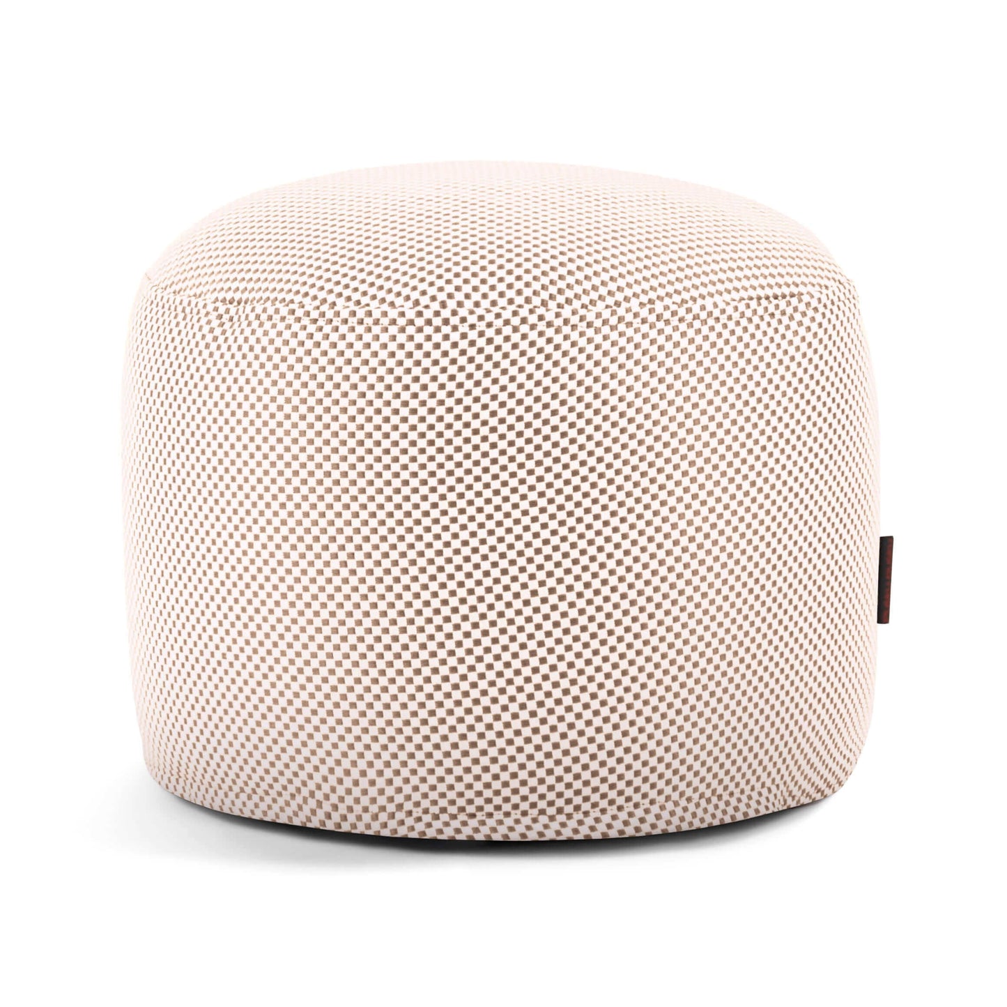 Pouf Mini Capri redondo de color beige Otomana impermeable con tejido texturizado a cuadros, certificado OEKO-TEX para uso en exteriores, sobre fondo blanco liso.