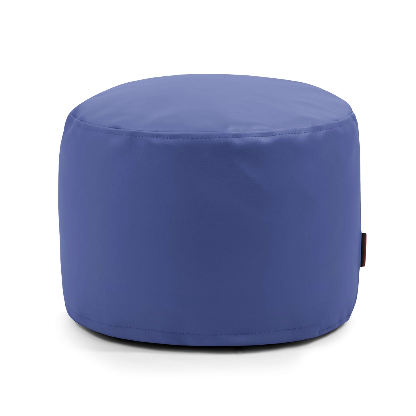 El Pouf Mini Outside - uso exteriores es una otomana redonda de tela azul para niños con una superficie lisa, que proporciona un asiento compacto para cualquier espacio, mostrada sobre un fondo blanco liso.