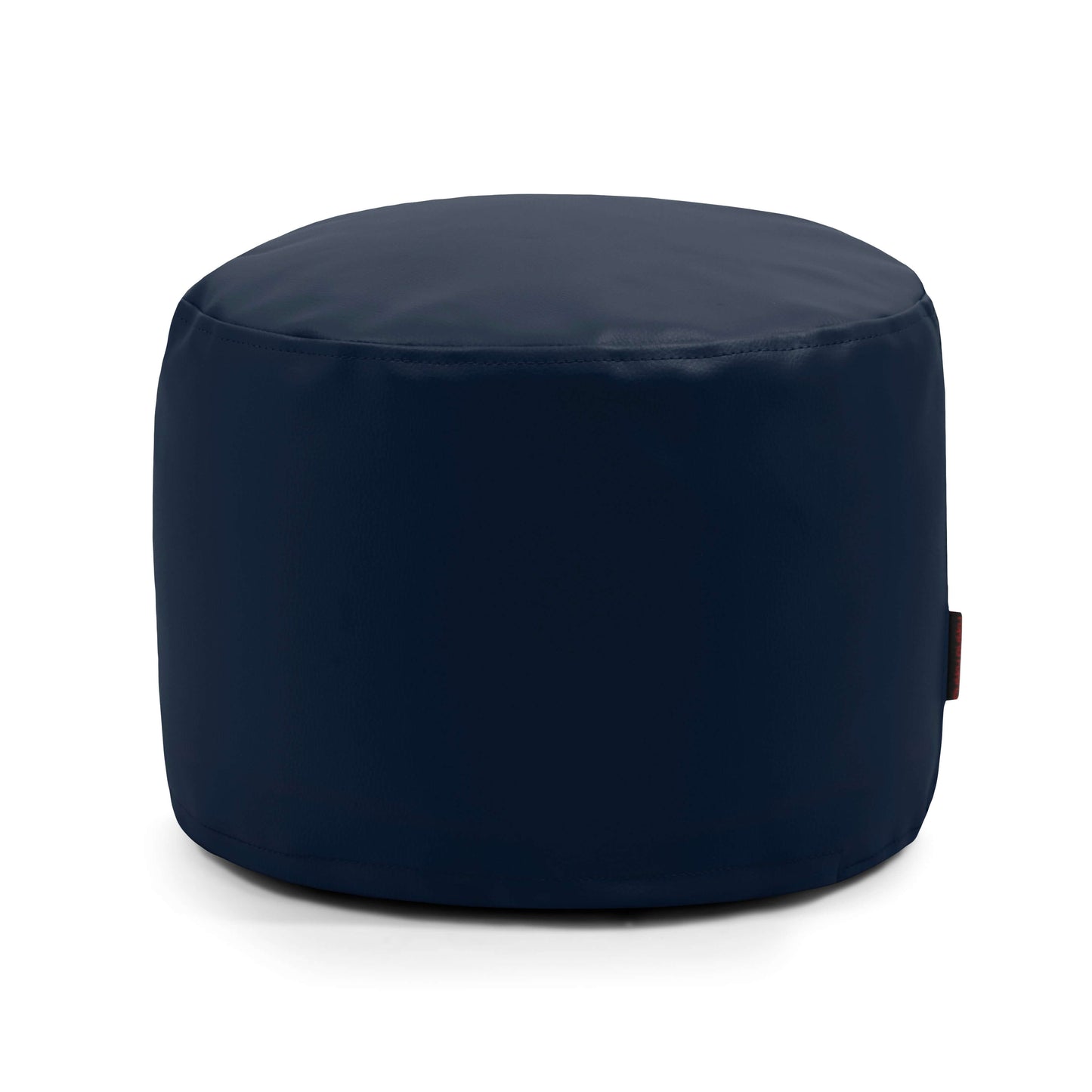 El Pouf Mini Outside - uso exteriores presenta un diseño redondo de color azul marino con una superficie lisa e impermeable, perfecto para cualquier espacio. Se muestra sobre fondo blanco.