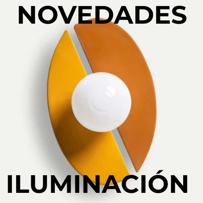 Lámpara de pared con una bombilla blanca redonda centrada entre dos paneles verticales ovalados, uno amarillo y otro marrón. El texto de arriba dice "NOVEDADES" y el de abajo "ILUMINACIÓN.