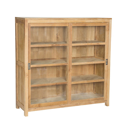 Un armario de madera con cuatro puertas con paneles de cristal y cuatro cajones en la parte inferior.