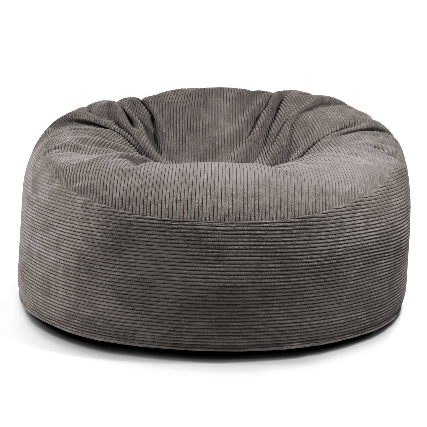 El Foam Bean Bag OM 110 Barcelona es un gran sillón redondo de pana gris con un centro ligeramente hundido para un asiento ergonómico, que se muestra sobre un fondo blanco.