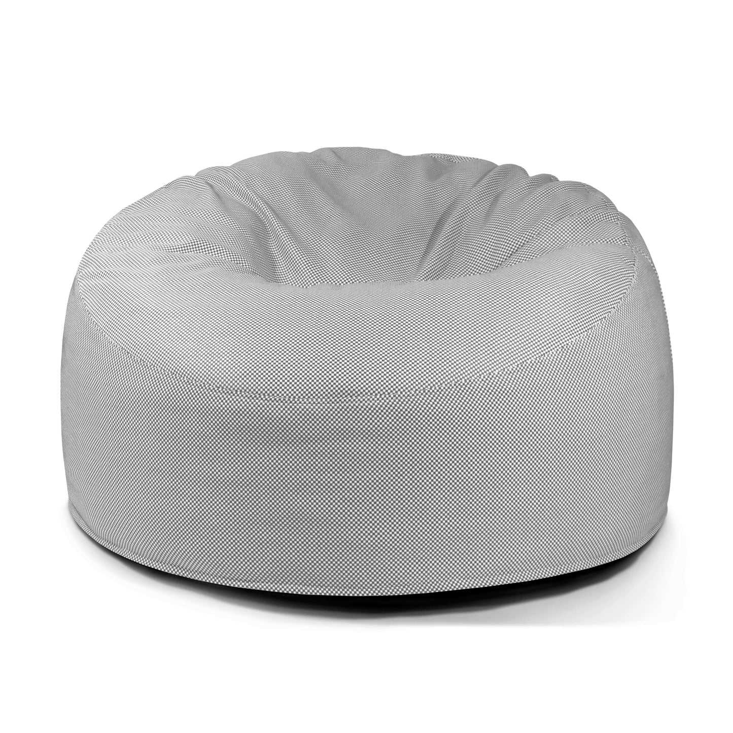 El Foam Bean Bag OM 110 Barcelona es un asiento ergonómico grande, redondo y de color gris claro, que se muestra de frente sobre un fondo blanco.