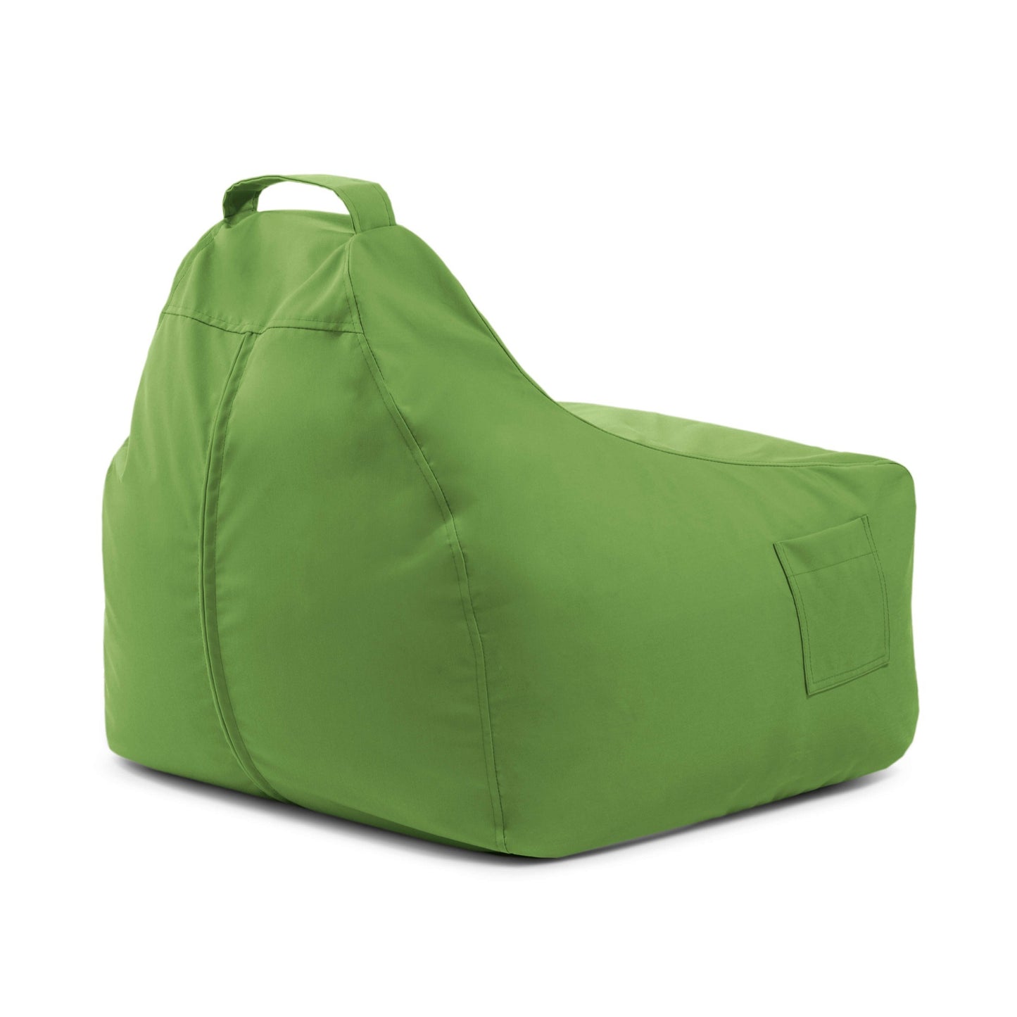 Sillón ergonómico Bean Bag verde con asa superior y pequeño bolsillo lateral, ideal para relajarse o jugar al Bean Bag Game Colorin - uso exteriores, mostrado sobre fondo blanco.