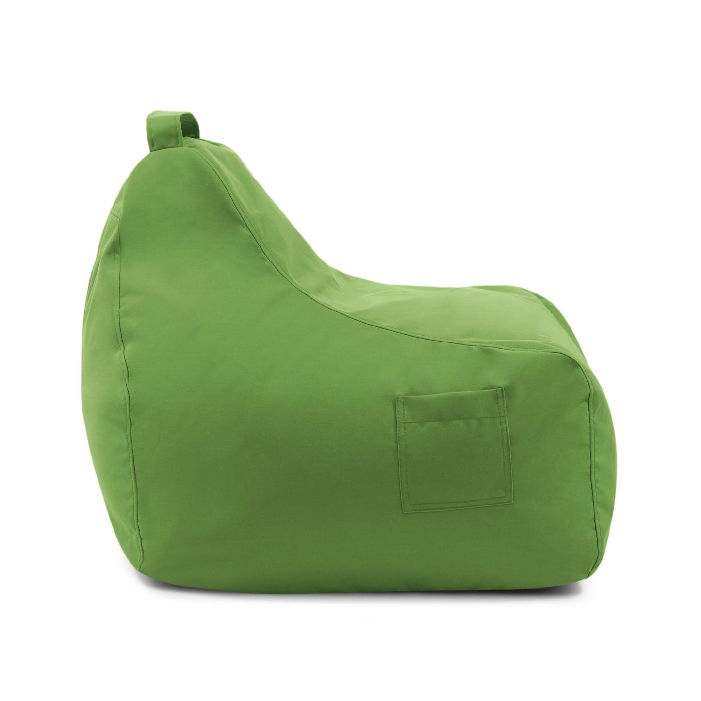 El Bean Bag Game Colorin - uso exterior es un sillón bean bag infantil de color verde con respaldo, asa superior y bolsillo lateral, que ofrece comodidad ergonómica para los niños.