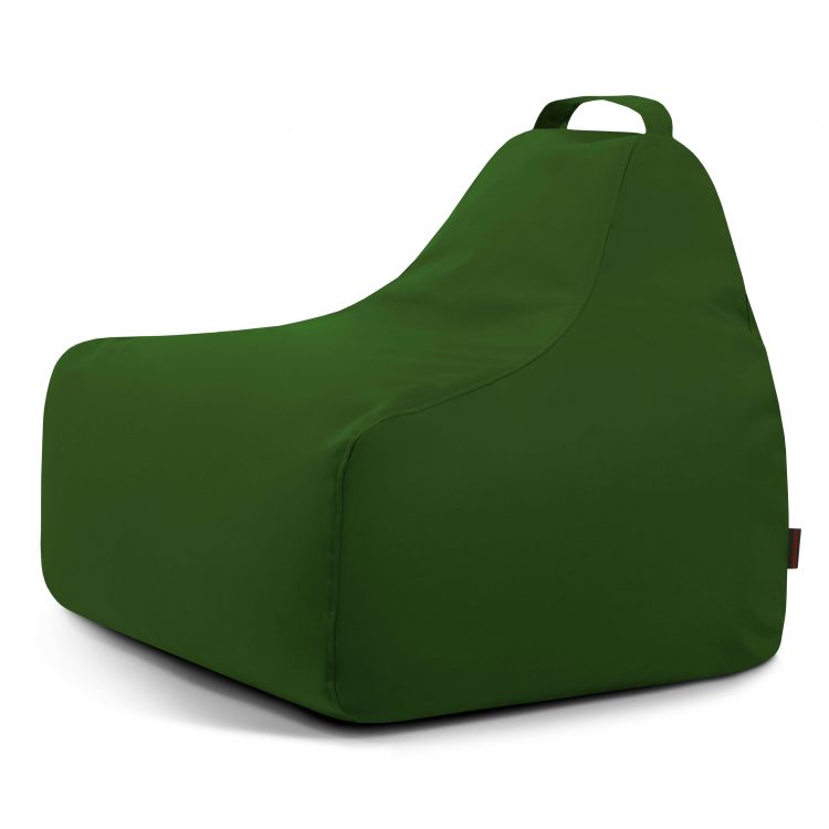 El Bean Bag Game Colorin - uso exterior es un sillón ergonómico de color verde oscuro, recubierto de tela, con respaldo alto y asa superior, que se muestra sobre un fondo blanco liso.