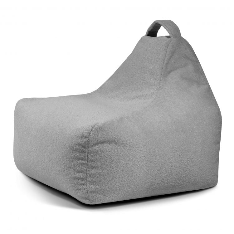 Bean bag Game Teddy gris claro con respaldo alto y asa superior, sobre fondo blanco liso.