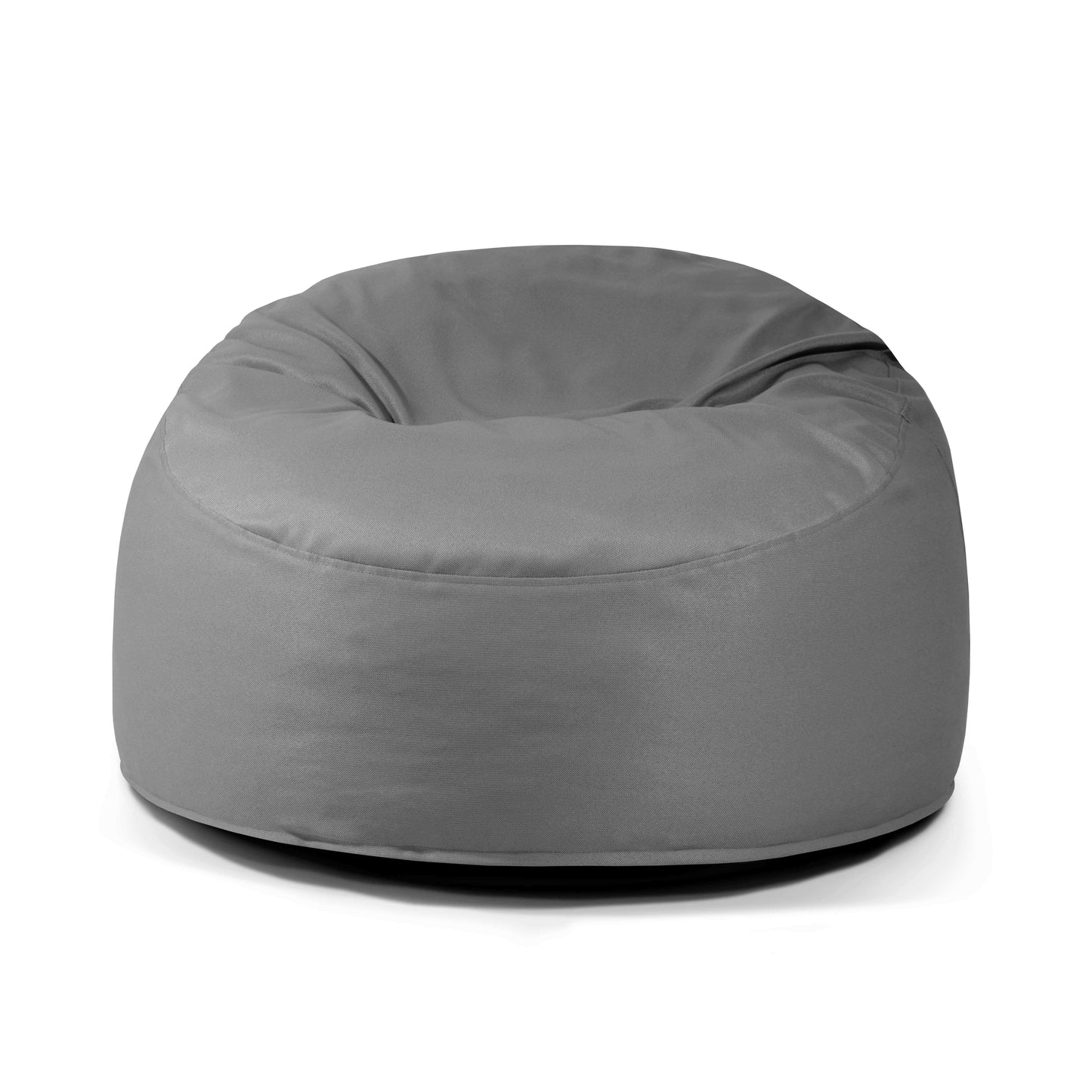 El Sillón Foam Bean Bag OM 110 Barcelona es un sillón redondo de color gris con tejido liso, que ofrece un cómodo asiento y se muestra sobre un fondo blanco.