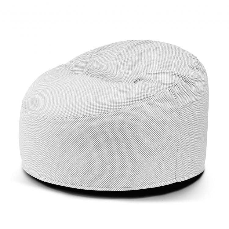 El Foam Bean Bag Om 85 Capri para exteriores es un asiento infantil redondo de color blanco con una superficie de tela texturizada, que se muestra sobre un fondo blanco liso. Ofrece un confort acogedor gracias a su relleno de espuma.