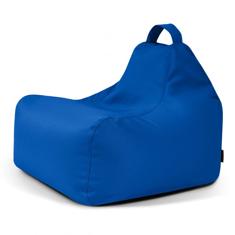 El Bean bag Game Profuse - resistente al fuego, de tela azul con respaldo alto y asa superior para mayor comodidad, se muestra sobre fondo blanco.