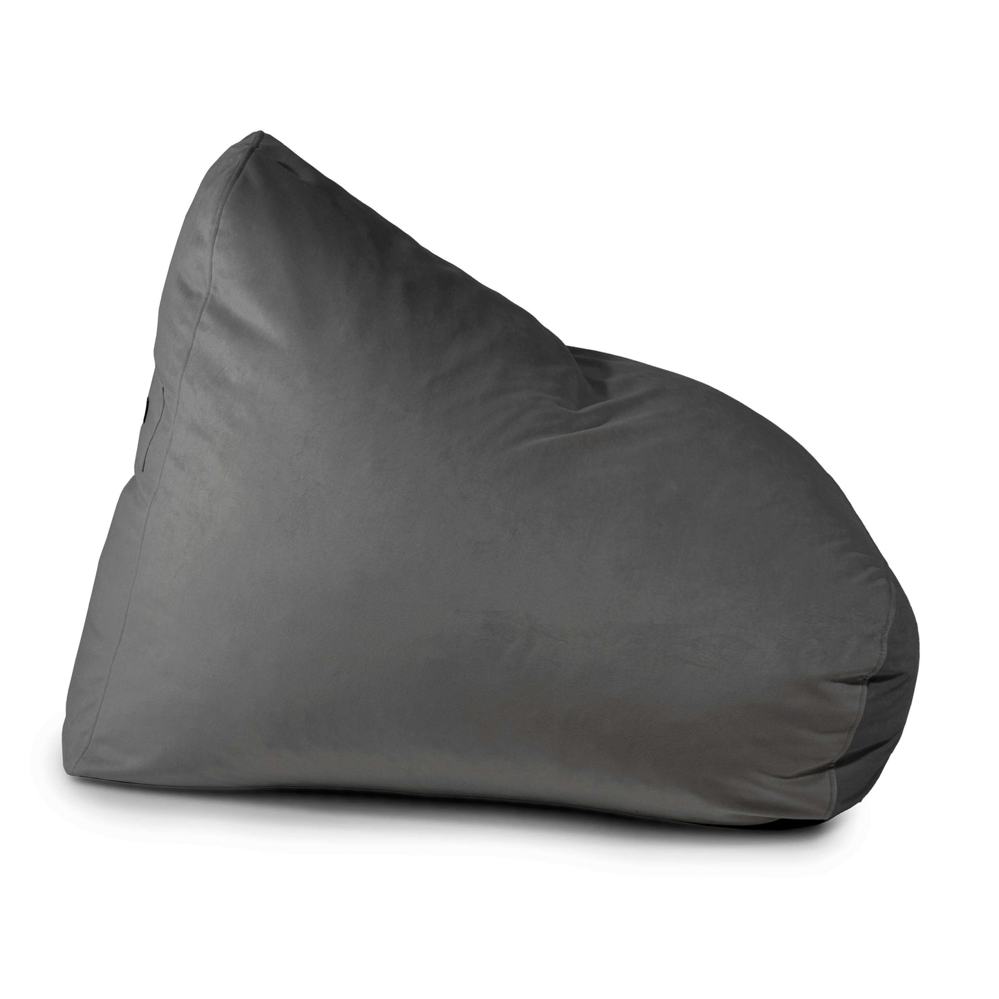 El Puff grande de espuma y terciopelo SNUG 100 BARCELONA (110×100×74 cm), de diseño moderno con respaldo triangular, se presenta en color gris sobre fondo blanco liso, ideal para salón o dormitorio.
