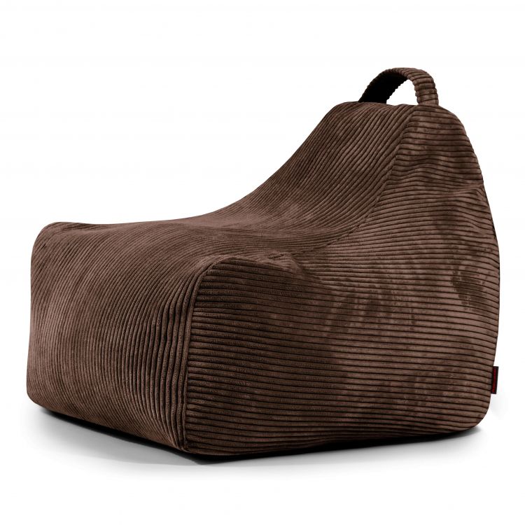 El Bean bag Game Waves presenta una funda de pana marrón con asa, una suave textura acanalada y una forma cuadrada, ideal como puff ergonómico para niños, para un confort acogedor en cualquier sala de juegos o rincón de lectura.