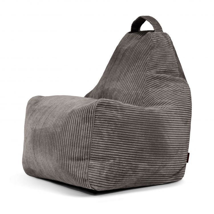 El Bean bag Play Waves tiene tejido de pana gris, respaldo alto, asiento cuadrado y un asa superior para transportarlo fácilmente: un puf moderno y asiento ergonómico que combina estilo y comodidad.