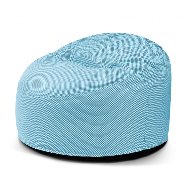 Foam Bean Bag Om 85 Capri de color azul claro para exteriores, con forma redonda y superficie de tela ligeramente texturizada, sobre fondo blanco liso.