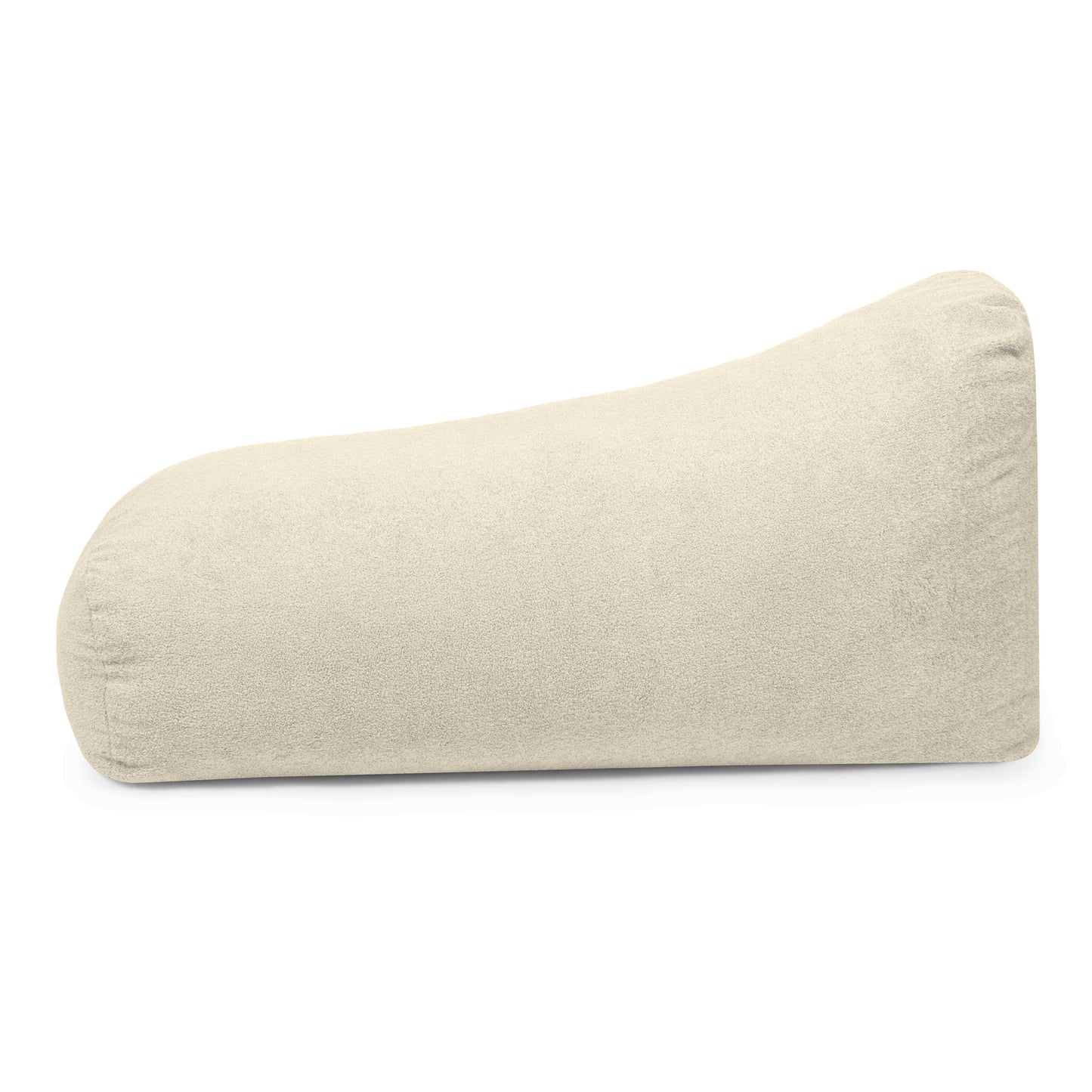 Puff rectangular de espuma y tejido borreguito 85×145×70 cm, de color beige, en forma de cuña, ideal para salón o dormitorio, SNUG LONG 140 TEDDY, mostrado de lado sobre fondo blanco.