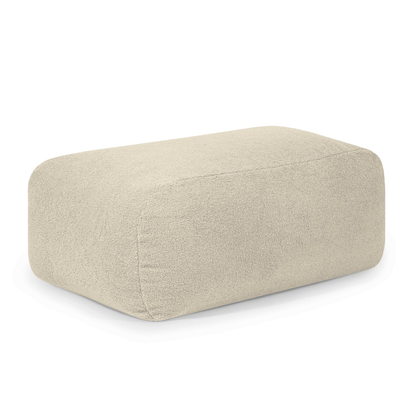 A rectangular, beige claro SNUG 83 TEDDY pouf de foam (85×68×40 cm) tapizado en tela borreguito, moderno para salón o dormitorio, mostrado sobre fondo blanco.