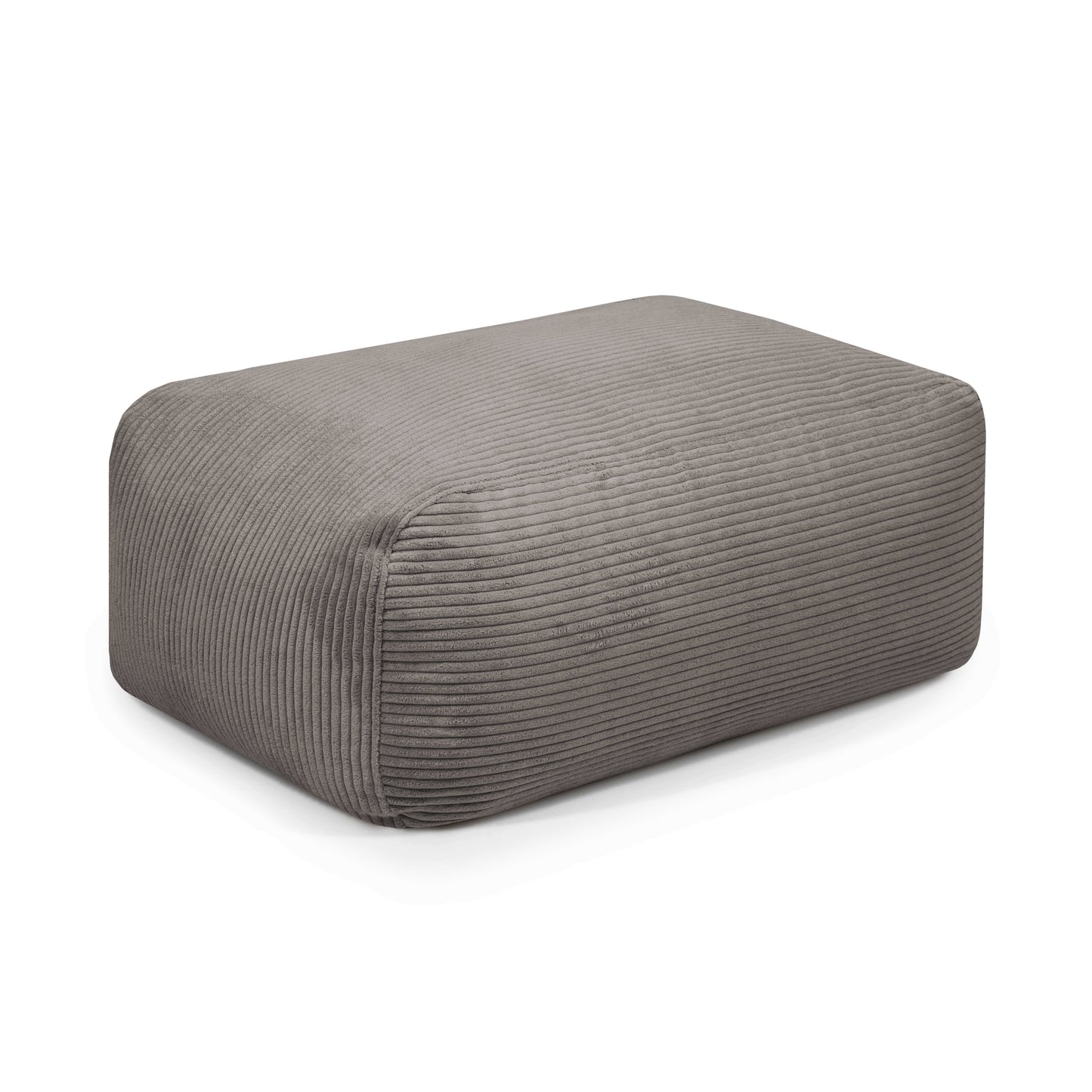 El Puff de foam SNUG 83 WAVES, tapizado en terciopelo acanalado gris (85×68×40 cm), ofrece comodidad y estilo moderno; ideal para salón o dormitorio, presentado sobre fondo blanco.