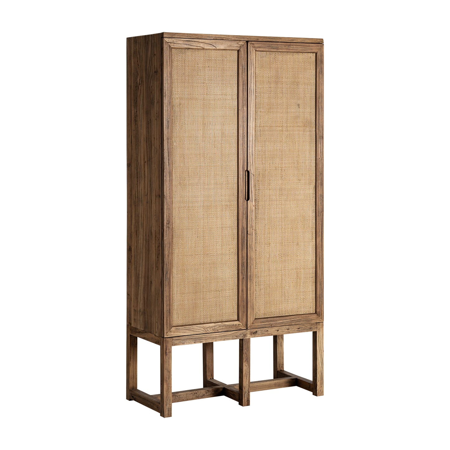 El Armario de madera de olmo marrón BYREMO (85×41×171 cm) es un mueble contemporáneo con dos puertas de ratán tejido y base rectangular abierta, fotografiado sobre fondo blanco.