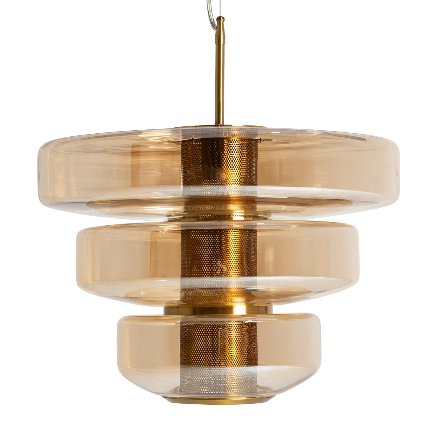 La lámpara de techo colgante ALEXA destaca con discos de cristal ámbar translúcido y estructura de hierro color oro (45×45×47 cm), estilo art déco, ideal para iluminación decorativa moderna.