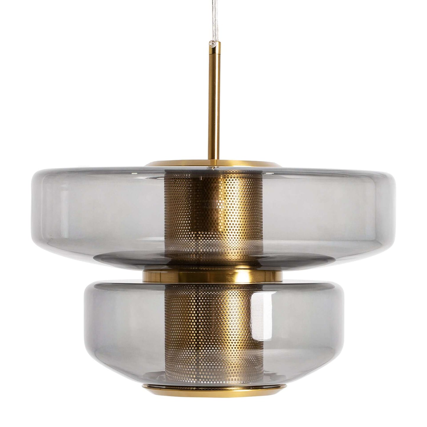 Lámpara de techo colgante GALA estilo art déco, en cristal gris translúcido y hierro oro, mide 35×35×35 cm y cuelga elegantemente del techo.