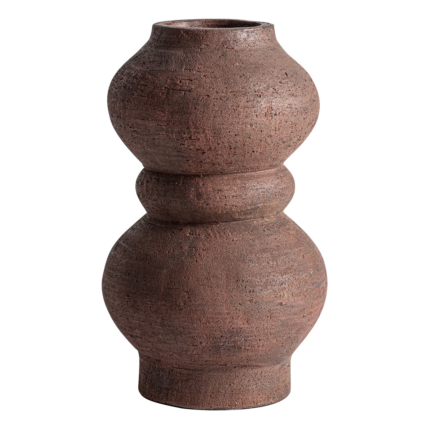 El Jarrón en terracota mate 21×21×36 cm OKAR L, de estilo contemporáneo, presenta doble cuerpo, base y boca estrechas y centro redondeado: ideal para decoración del hogar.