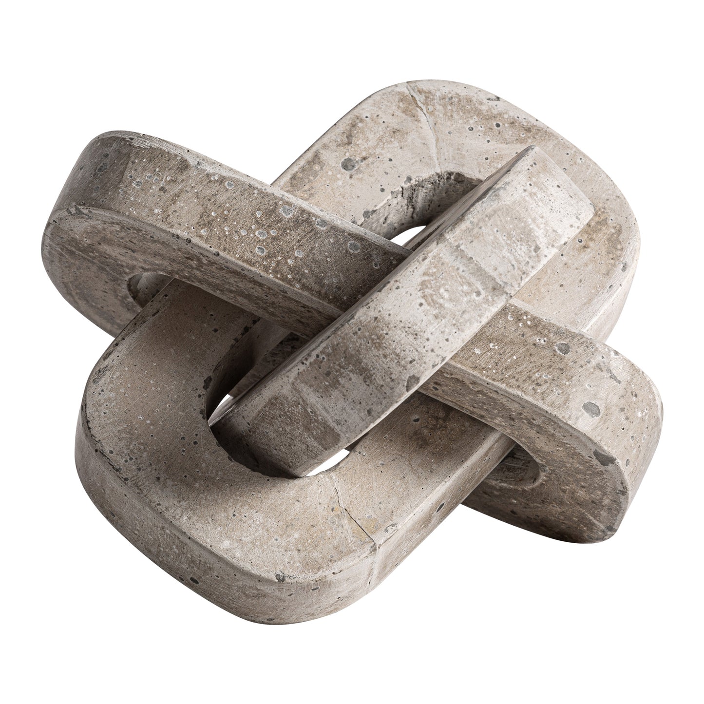 La Figura decorativa en cemento y arena 21×21×21 cm - contemporáneo - NEXO luce un diseño geométrico entrelazado, acabado natural en gris claro, ideal para decorar espacios minimalistas modernos.