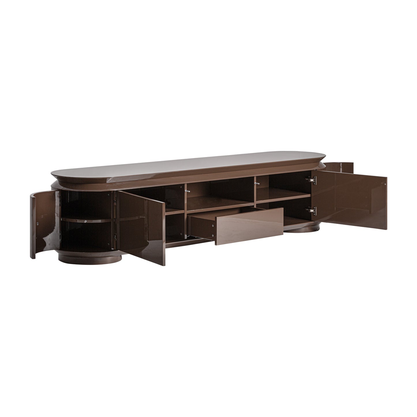 A contemporary mueble TV TRUBIA de madera DM marrón brillo (240×50×56 cm) con puertas y cajones abiertos, mostrando estantes y compartimentos-ideal para un salón moderno.
