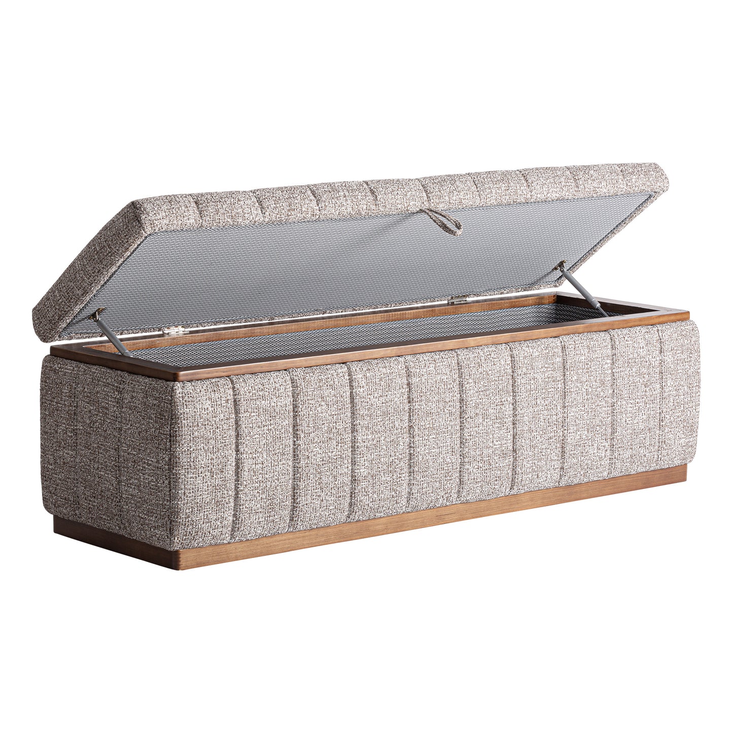 El pie de cama ONTORIA, en tejido jaspeado gris y madera de fresno marrón (143×47×46 cm), aporta estilo contemporáneo y funcionalidad a tu dormitorio con un práctico compartimento de almacenamiento bajo su tapa abatible.