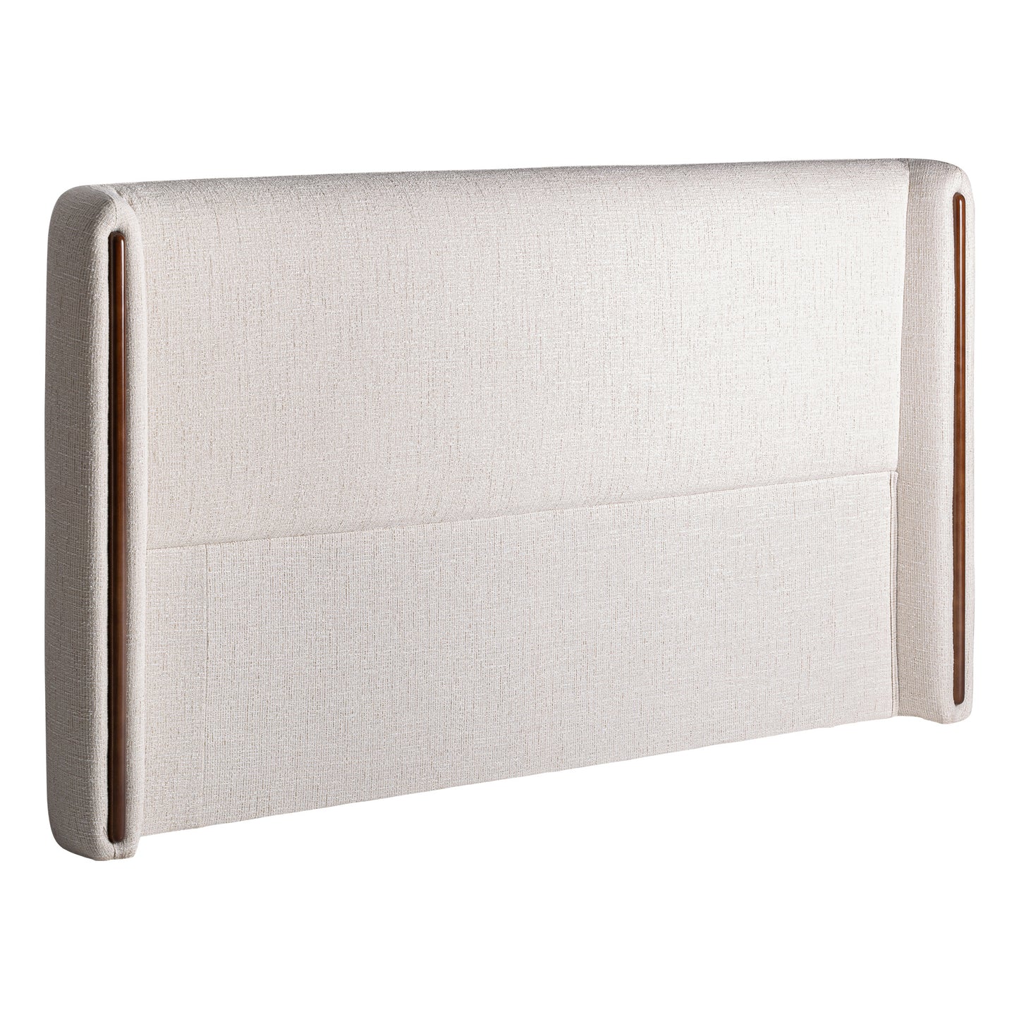 El cabecero VILDE, de 215×22×114 cm, combina tapizado blanco roto con madera de fresno marrón y detalles verticales, con esquinas redondeadas, ideal para dormitorios contemporáneos.