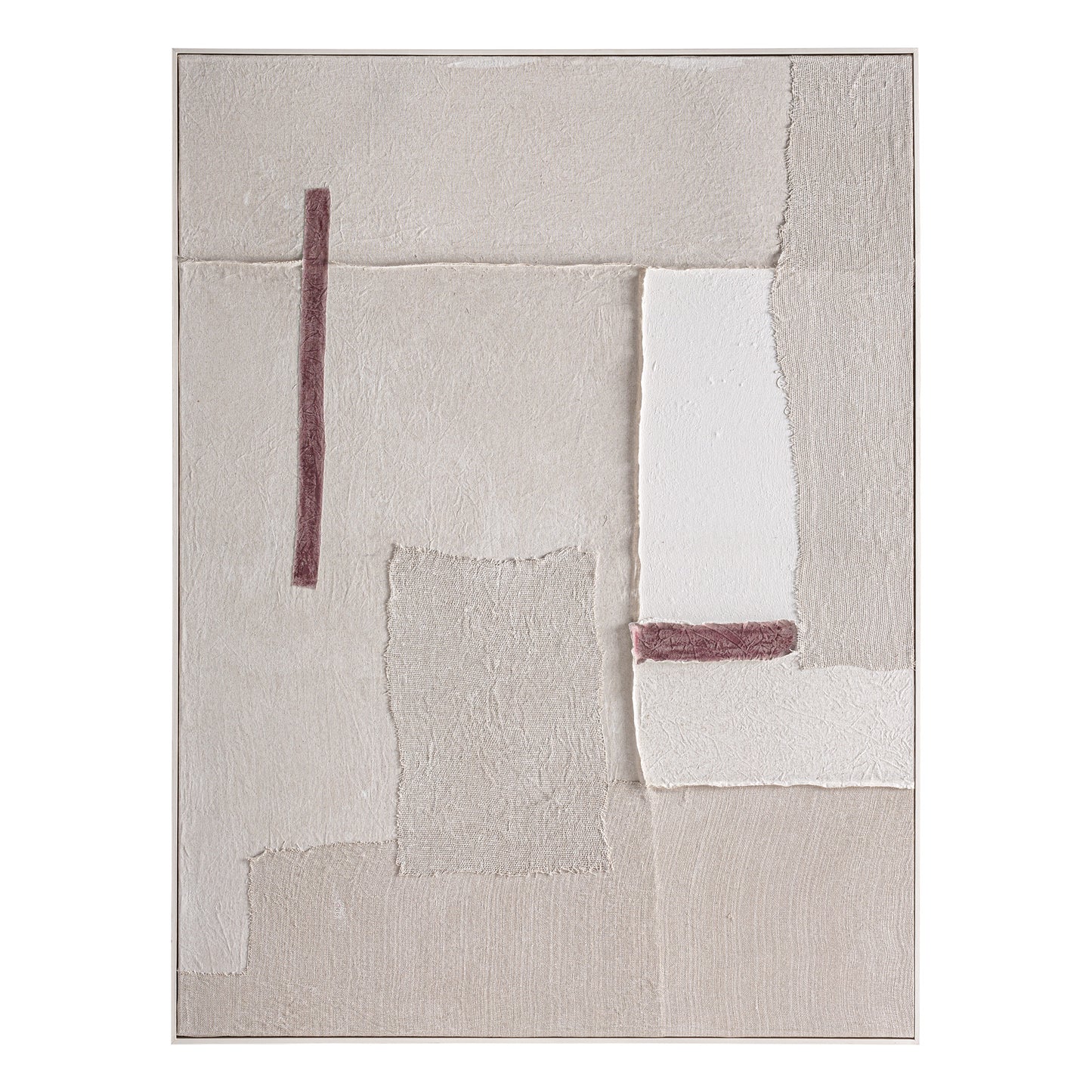Cuadro geométrico ZILIA 120×5×160 cm: arte abstracto en lienzo blanco roto con formas beige y off-white, líneas rojizas verticales y marco de madera de pino marrón, estilo contemporáneo.