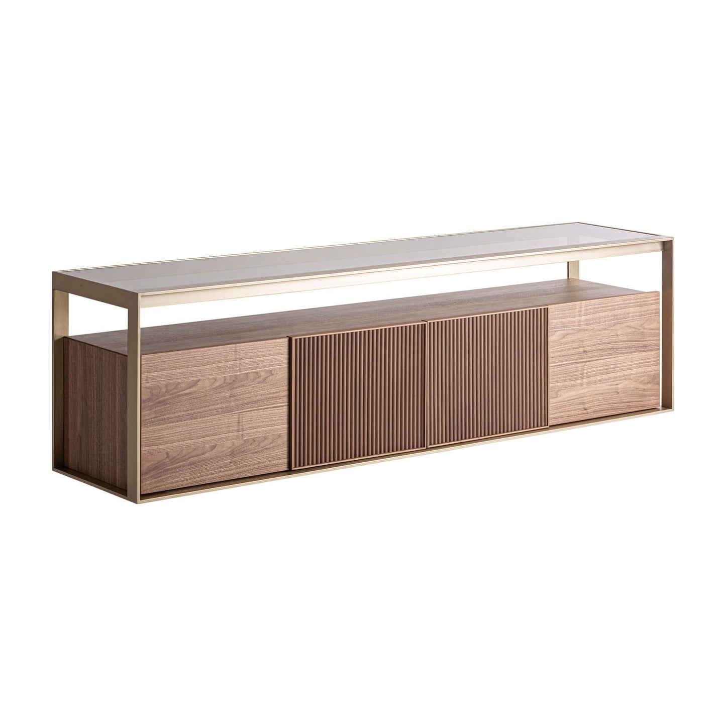 El mueble TV AISBY contemporáneo mide 200×45×58 cm, hecho en madera de fresno marrón con cristal templado y detalles de acero champagne.
