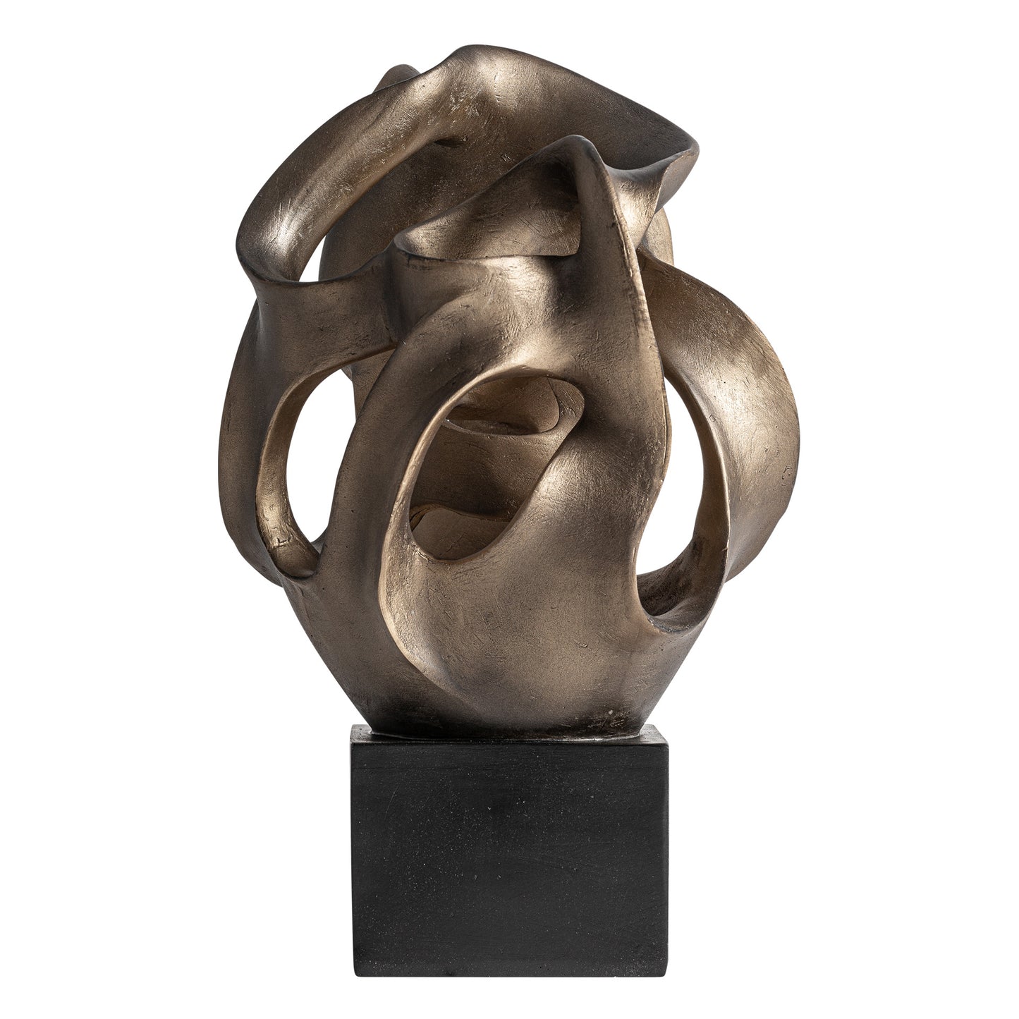 La Figura decorativa en resina oro viejo 23×26×40 cm URANIA, de estilo contemporáneo, presenta formas curvas entrelazadas sobre una base negra, creando una pieza escultórica única ideal para decorar cualquier espacio.
