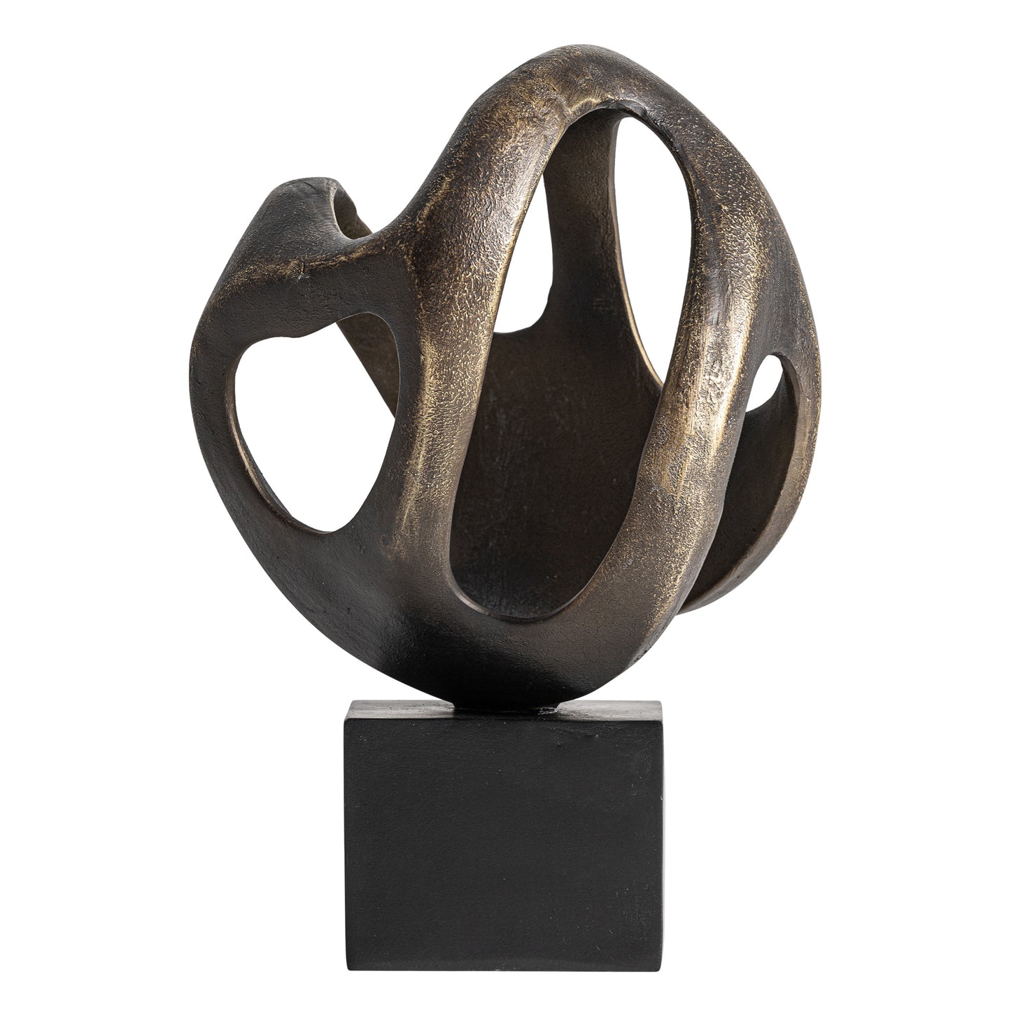 Escultura abstracta en resina oro viejo de 22×23×34 cm, diseño contemporáneo TIARA con aberturas curvas y base rectangular negra, perfecta como figura decorativa para elegante decoración del hogar. Fotografiada sobre fondo blanco.