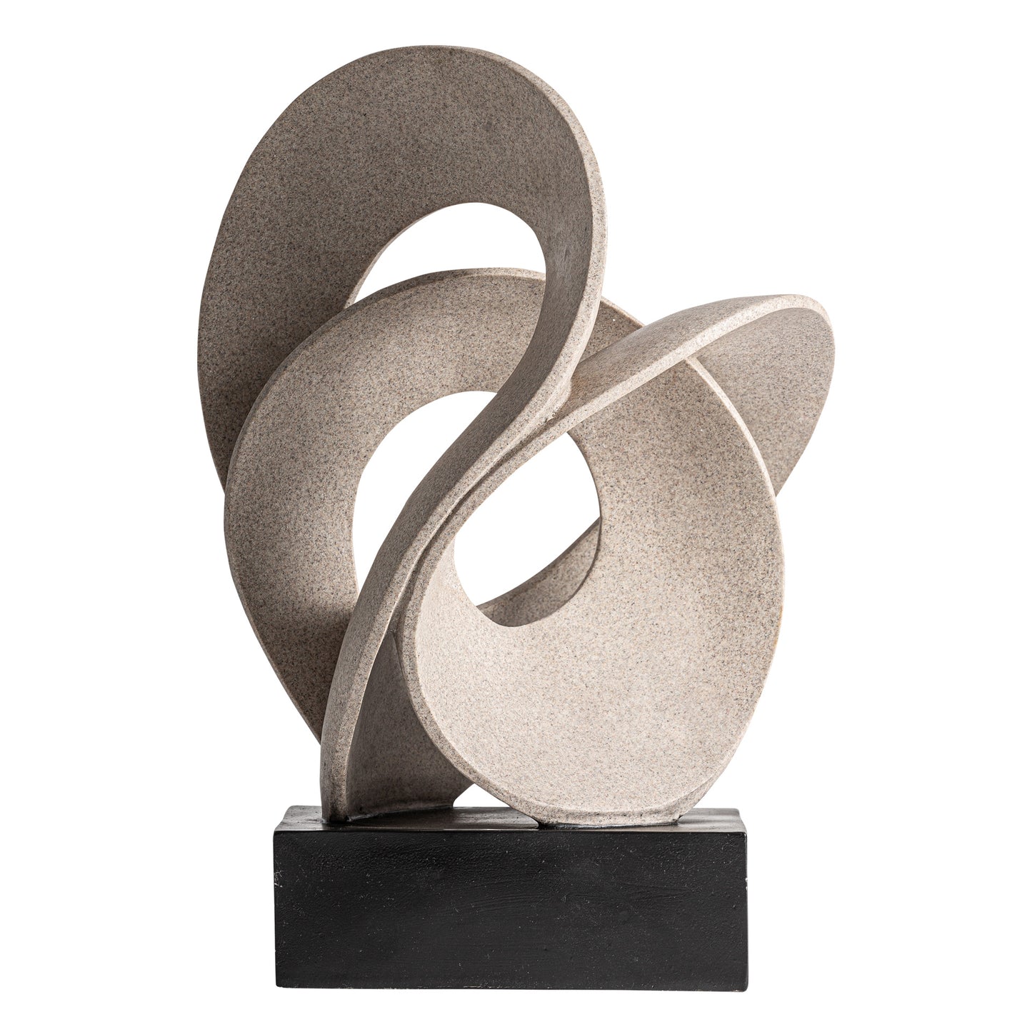 Figura decorativa en resina beige METIS (31×24×45 cm), con bucles curvos entrelazados sobre base rectangular negra, perfecta para decoración contemporánea; escultura aislada sobre fondo blanco.