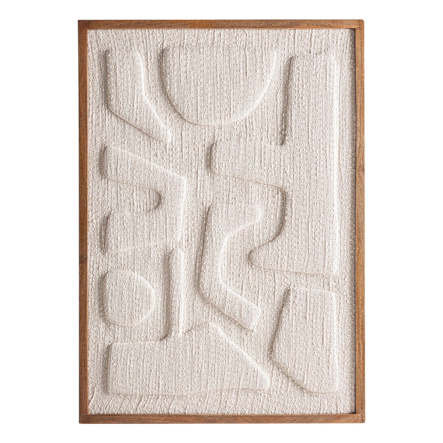 Cuadro abstracto en algodón blanco roto y madera de mango marrón, 76×4×107 cm, modelo SOBEK: diseño moderno con relieves geométricos, ideal para decoración contemporánea y amantes del arte minimalista.