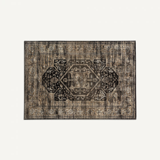 Alfombra clásica en viscosa Keisi (340x240 cm), diseño vintage de medallón geométrico en tonos marrón oscuro y claro sobre fondo crema, confeccionada en viscosa de alta calidad.