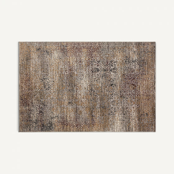 Alfombra clásica en viscosa (300x200 cm) Ewa, elaborada con viscosa de alta calidad y diseño tradicional desgastado en marrón, beige, gris y dorado suave sobre fondo blanco. Aporta elegancia y confort a cualquier ambiente.