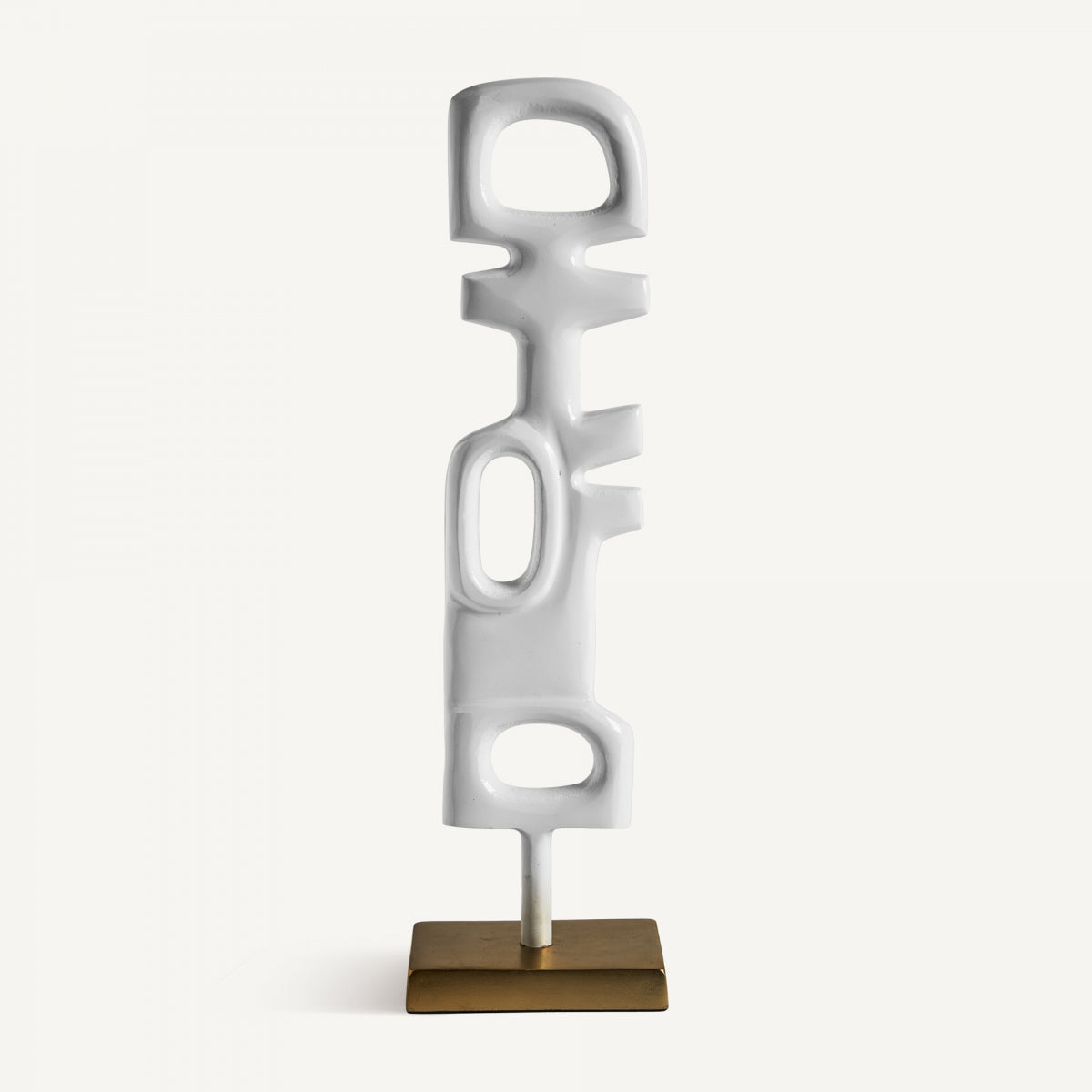 La figura decorativa de aluminio blanco y dorado Hubble S, con diseño geométrico abstracto sobre base rectangular dorada, aporta un toque contemporáneo y elegante a cualquier espacio.